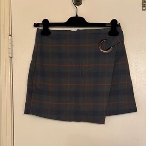 Free People Blue and Gray Mini Wrap Skirt with Asymmetrical Hem for Work